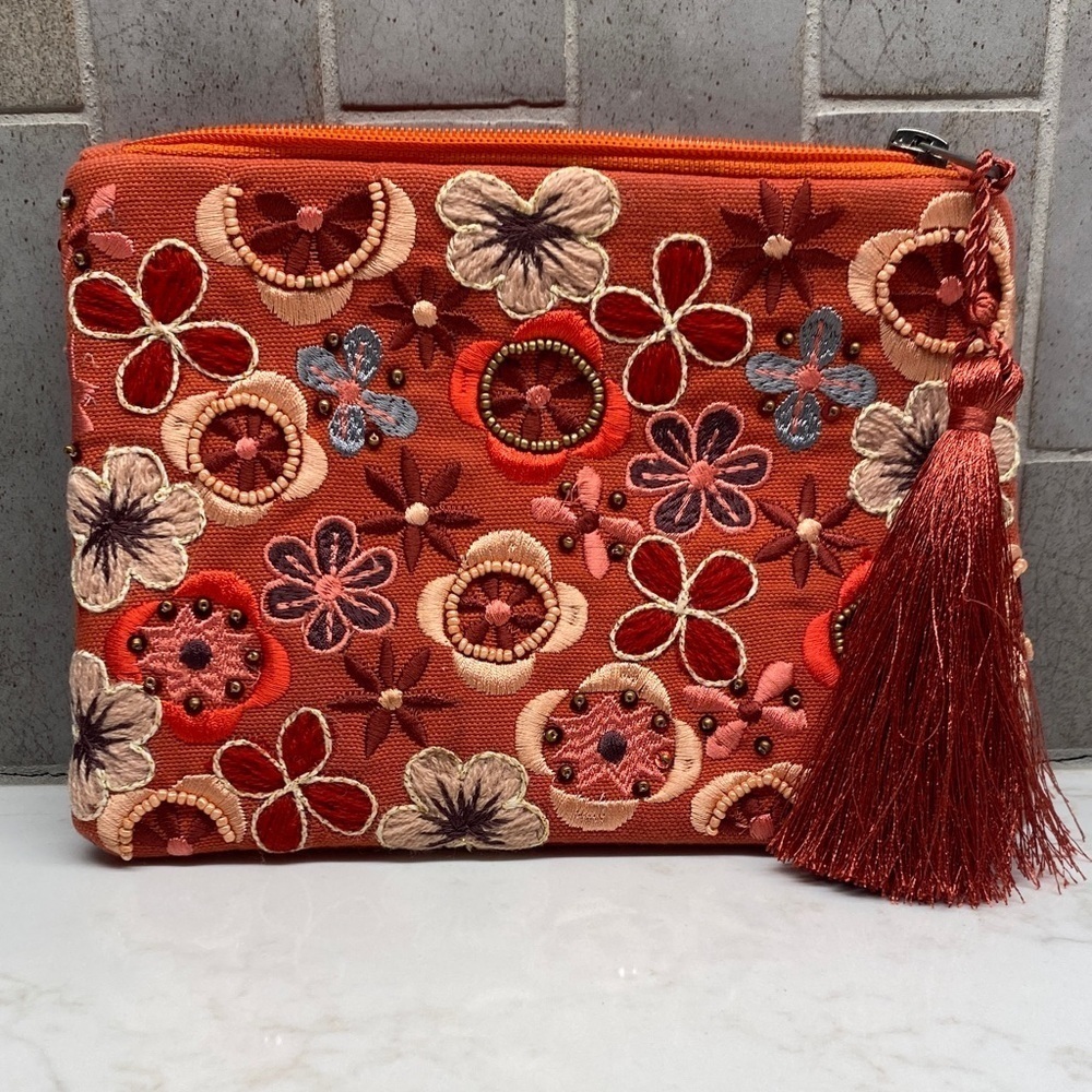 Floral Beaded Embroidered Tassel Clutch Purse Bag Red Orange Pink Boho Zip Pouch